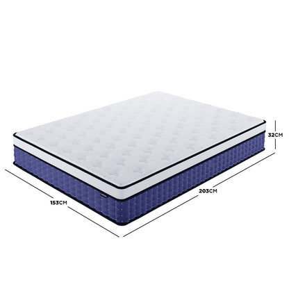 Antheia Queen 32cm Euro Top Memory Foam Latex Mattress in Medium Firm, featuring a white top and blue quilted sides, shown flat with dimensions 153cm wide x 203cm long x 32cm thick.
