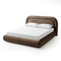 Mara King gas lift storage bed frame in taupe brown velvet with curved headboard and two white pillows