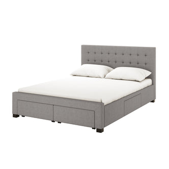 Martina Queen Fabric Bed with Storage Drawers – Ash: A close-up of the bed showcasing its grid-tufted headboard, soft upholstery, and part of the bed frame with visible storage drawers underneath.