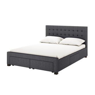 Martina Queen Fabric Bed with Storage Drawers in Dark Grey, showcasing its elegant grid-tufted headboard, sturdy frame, and integrated storage drawers, providing a stylish, functional bedroom centerpiece.