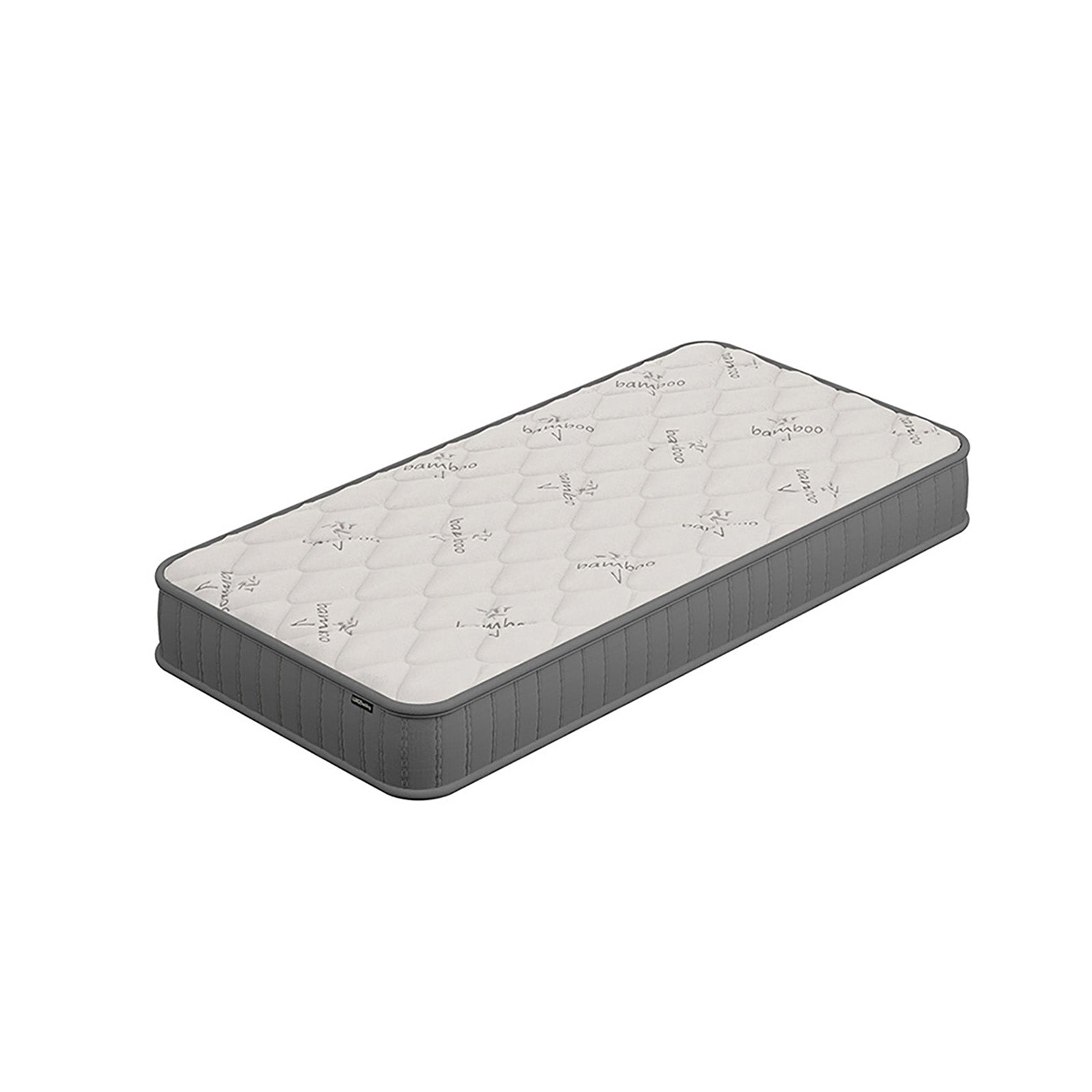 Asteria Single 18cm Pocket Spring Latex Mattress in Medium, showcasing a quilted top with bamboo print and dark-gray fabric sides, emphasizing its supportive and hypoallergenic design for restful sleep.