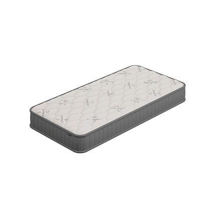 Asteria Single 18cm Pocket Spring Latex Mattress in Medium, showcasing a quilted top with bamboo print and dark-gray fabric sides, emphasizing its supportive and hypoallergenic design for restful sleep.