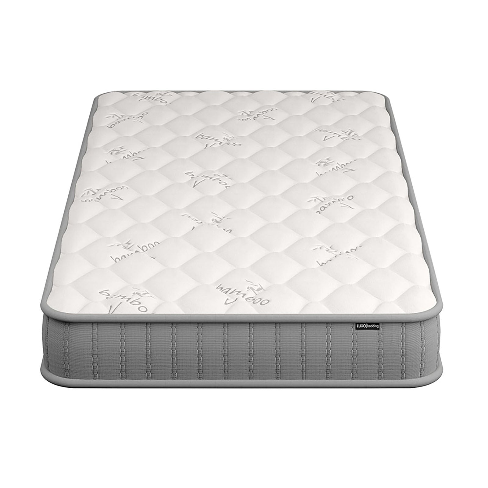 Asteria Single 18cm Pocket Spring Latex Mattress in Medium features a quilted white bamboo top, gray sides, and a LUXOA bedding tag, highlighting its supportive, breathable design for restful sleep.