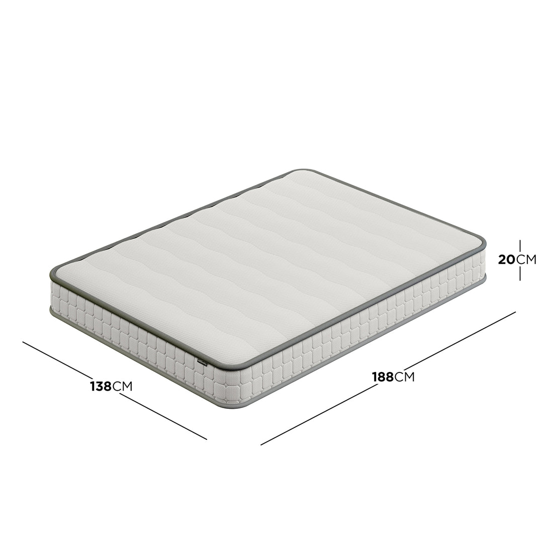 Cybele Double 20cm Pocket Spring Memory Foam Mattress, white quilt-patterned with gray edges, shown in product rendering. Dimensions: 188cm length, 138cm width, 20cm thickness, highlighting its medium firm and supportive design.