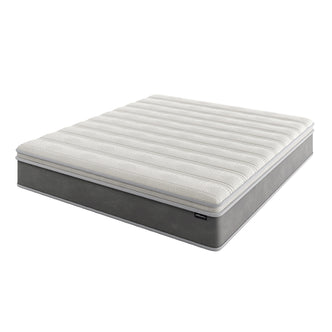 Delia King 28cm Medium Firm Euro Top Latex Mattress features plush Euro quilting and a supportive nine-layer design, shown on a plain background, illustrating its luxurious comfort and durability.