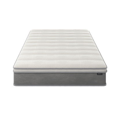 Delia Queen 28cm Medium Firm Euro Top Latex Mattress showcases a plush Euro top quilting with visible reinforced edges, highlighting its substantial nine-layer construction for comfort and support, ideal for luxurious sleep.