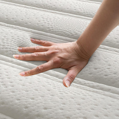 Delia Queen 28cm Medium Firm Euro Top Latex Mattress – White, showing a hand pressing the plush Euro top quilting, highlighting its luxurious cushioning and supportive nine-layer construction for ultimate comfort.