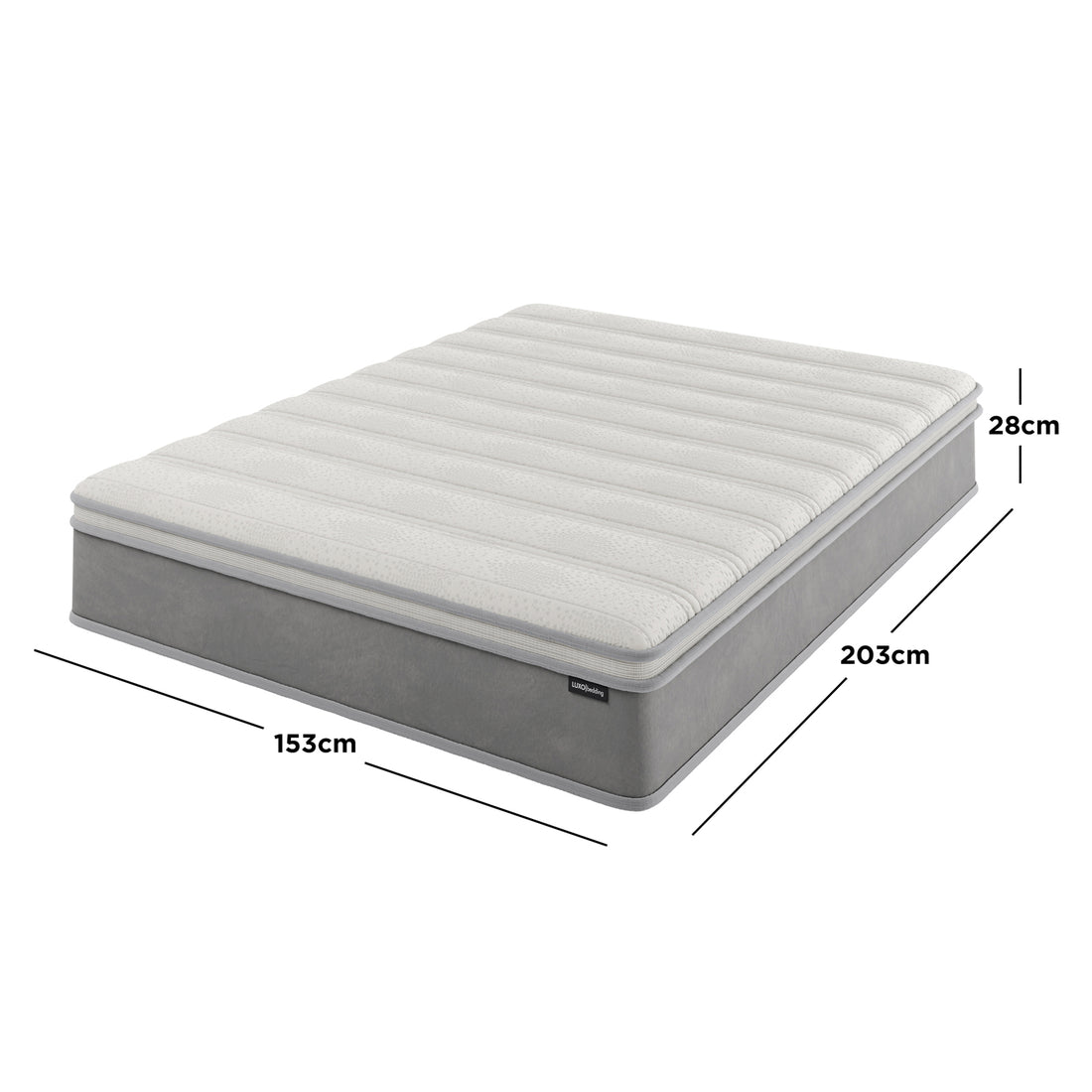 Delia Queen 28cm Medium Firm Euro Top Latex Mattress with detailed measurements, showcasing its plush Euro top quilting and supportive nine-layer construction for ultimate comfort and spinal alignment.
