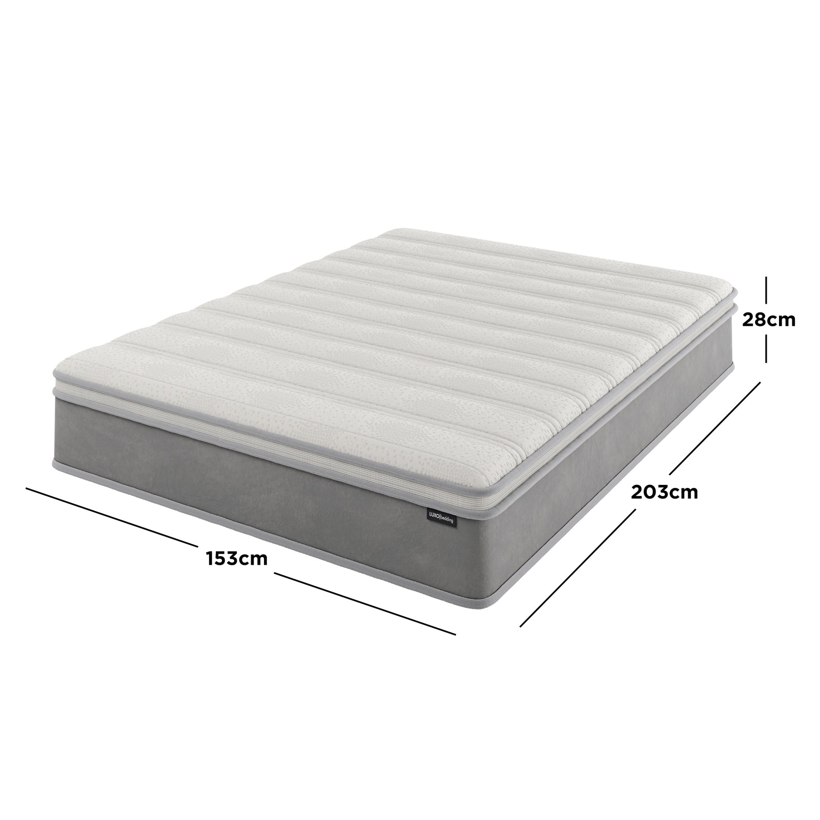 Delia Queen 28cm Medium Firm Euro Top Latex Mattress with detailed measurements, showcasing its plush Euro top quilting and supportive nine-layer construction for ultimate comfort and spinal alignment.