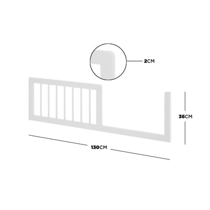 Melai Solid Pine Toddler Bed Rail Kit - White features a 130 cm long horizontal bar with vertical slats and end posts, offering a safe and stylish conversion for toddler beds.