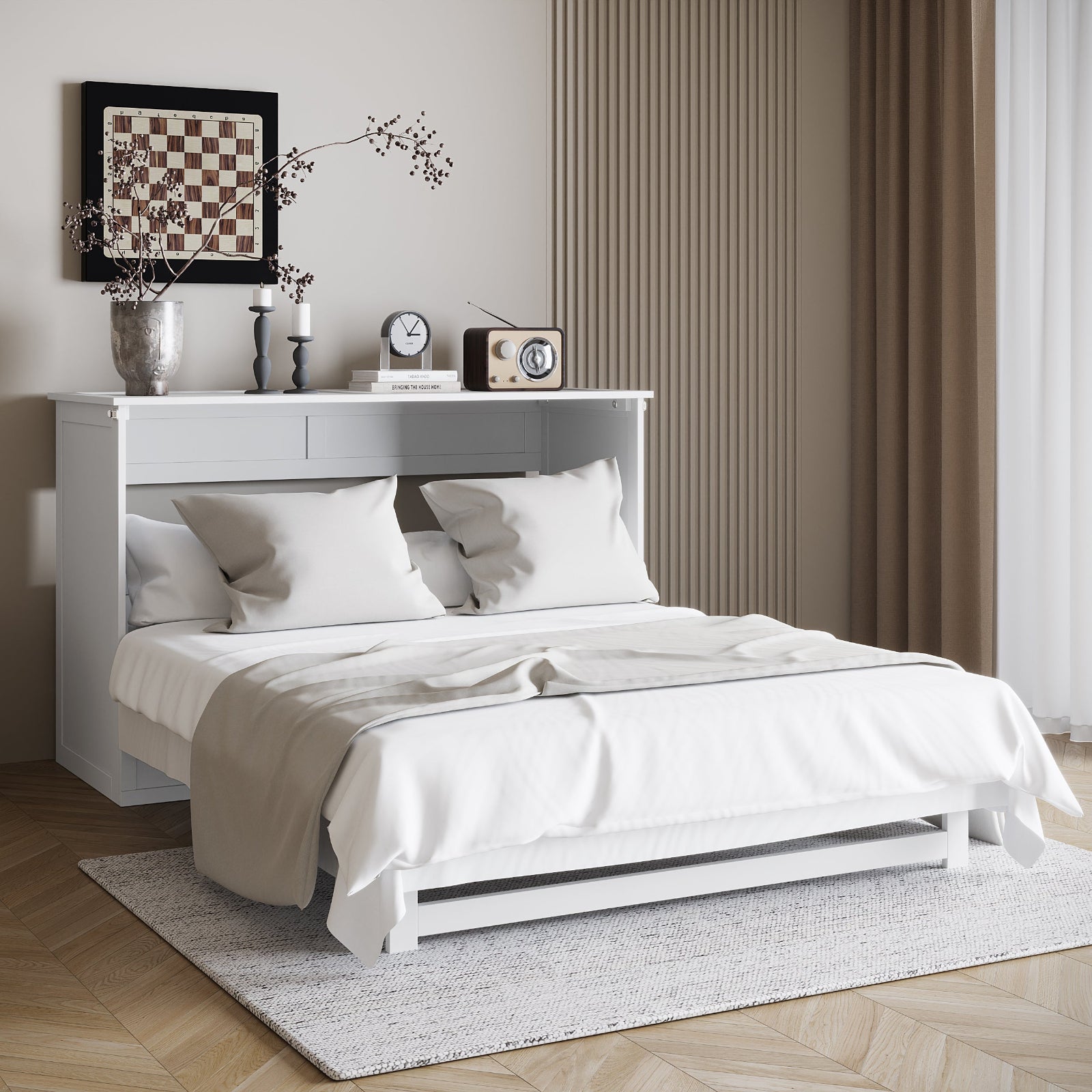 Flecter Foldable Foam Mattress - Queen featured in a cozy bedroom setup with a white pillow on a bed, complemented by interior design elements like a clock on a stand and a radio.