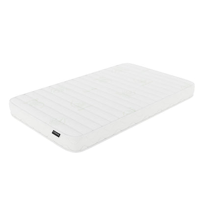 Azeem Baby Cot with Gettel 10cm Nursery Mattress, featuring a white, quilted foam mattress adorned with aloe-leaf logos and a black LUX tag, offers a clean and supportive sleep solution.