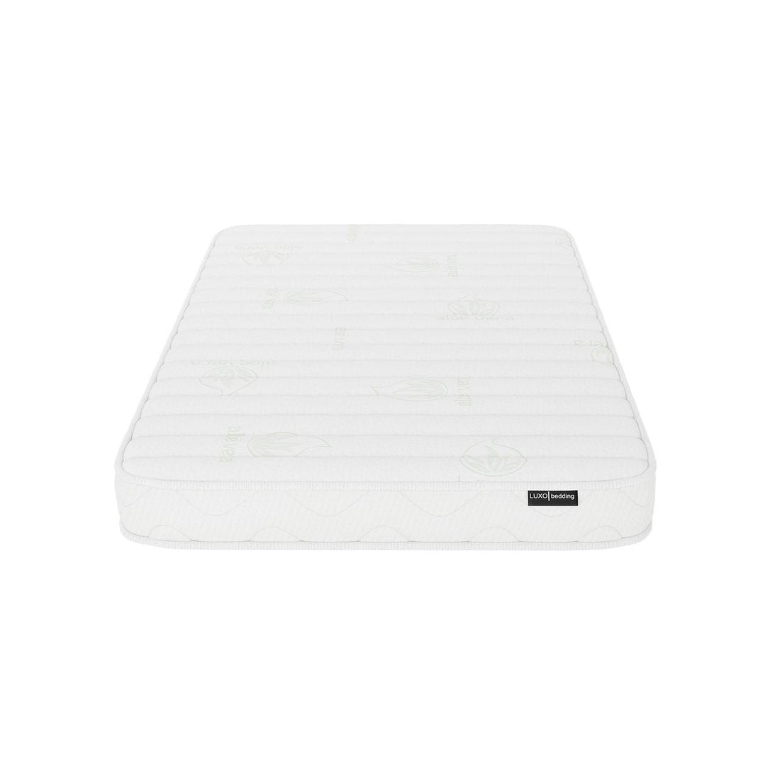 Gettel 10cm High-Density Foam Knitted Nursery Cot Mattress features a quilted cover with subtle stitched patterns and faint leaf motifs; visible LUXO bedding tag enhances its distinct design.