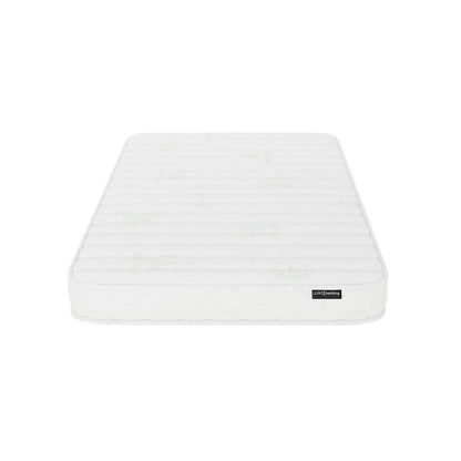 Gettel 10cm High-Density Foam Knitted Nursery Cot Mattress features a quilted cover with subtle stitched patterns and faint leaf motifs; visible LUXO bedding tag enhances its distinct design.