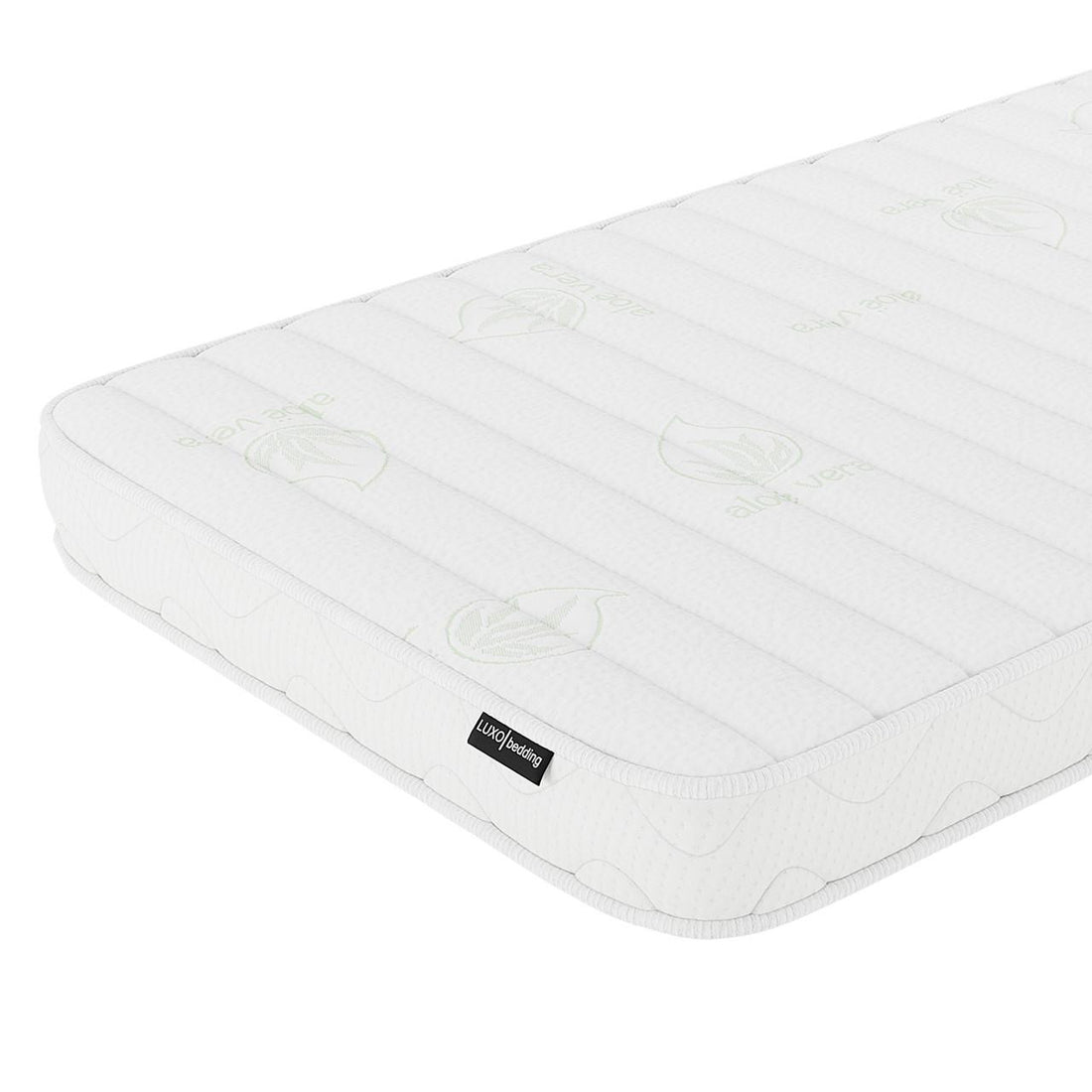Gettel 10cm High-Density Foam Knitted Nursery Cot Mattress with quilted Aloe Vera motifs and Lux Bedding label, featuring a dual-sided design for support and comfort in a standard cot size.