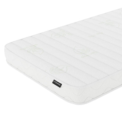 Gettel 10cm High-Density Foam Knitted Nursery Cot Mattress with quilted Aloe Vera motifs and Lux Bedding label, featuring a dual-sided design for support and comfort in a standard cot size.