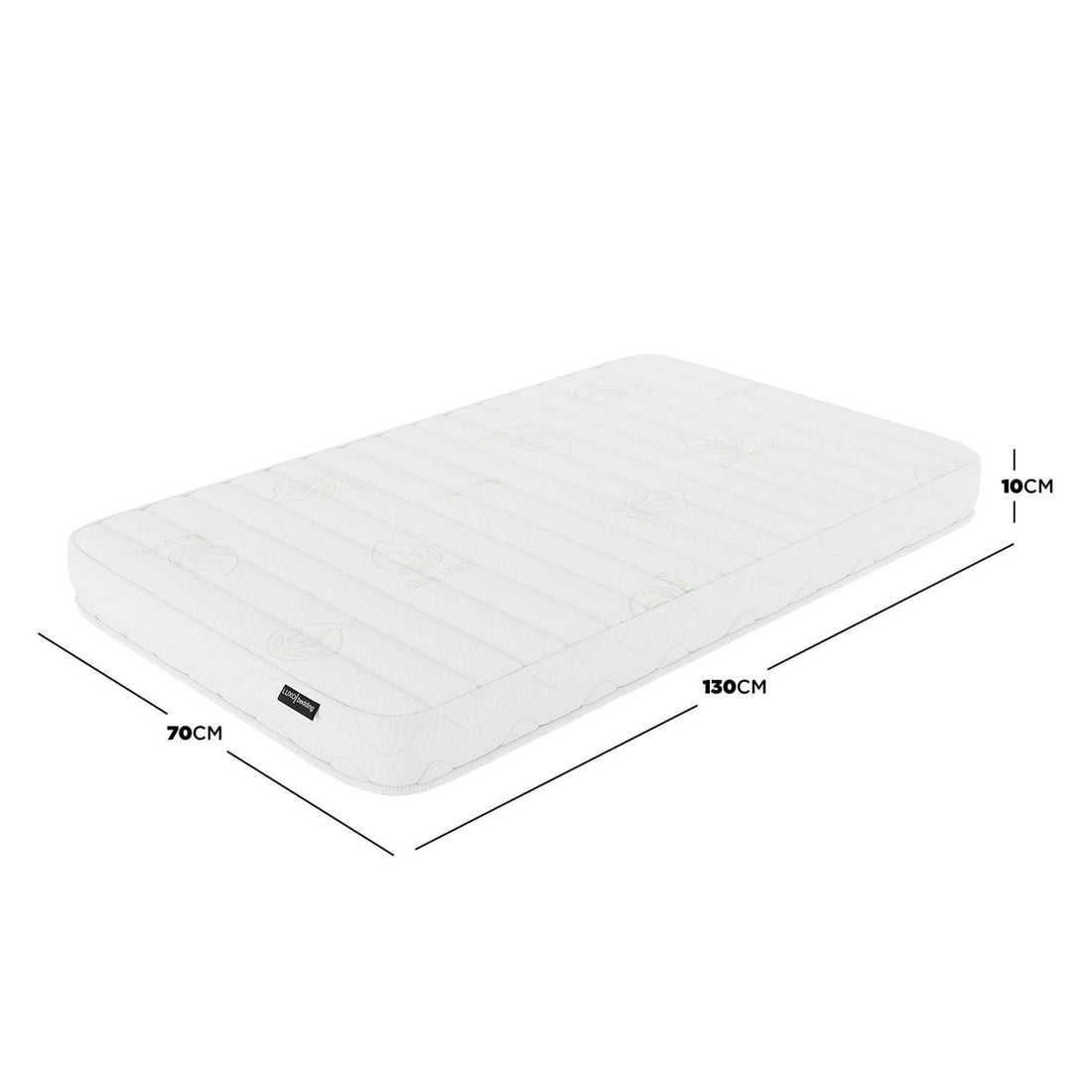 Gettel 10cm High-Density Foam Knitted Nursery Cot Mattress, 130 x 70 x 10cm, featuring quilted Aloe Vera fabric, ideal for toddlers, shown with dimension highlights.