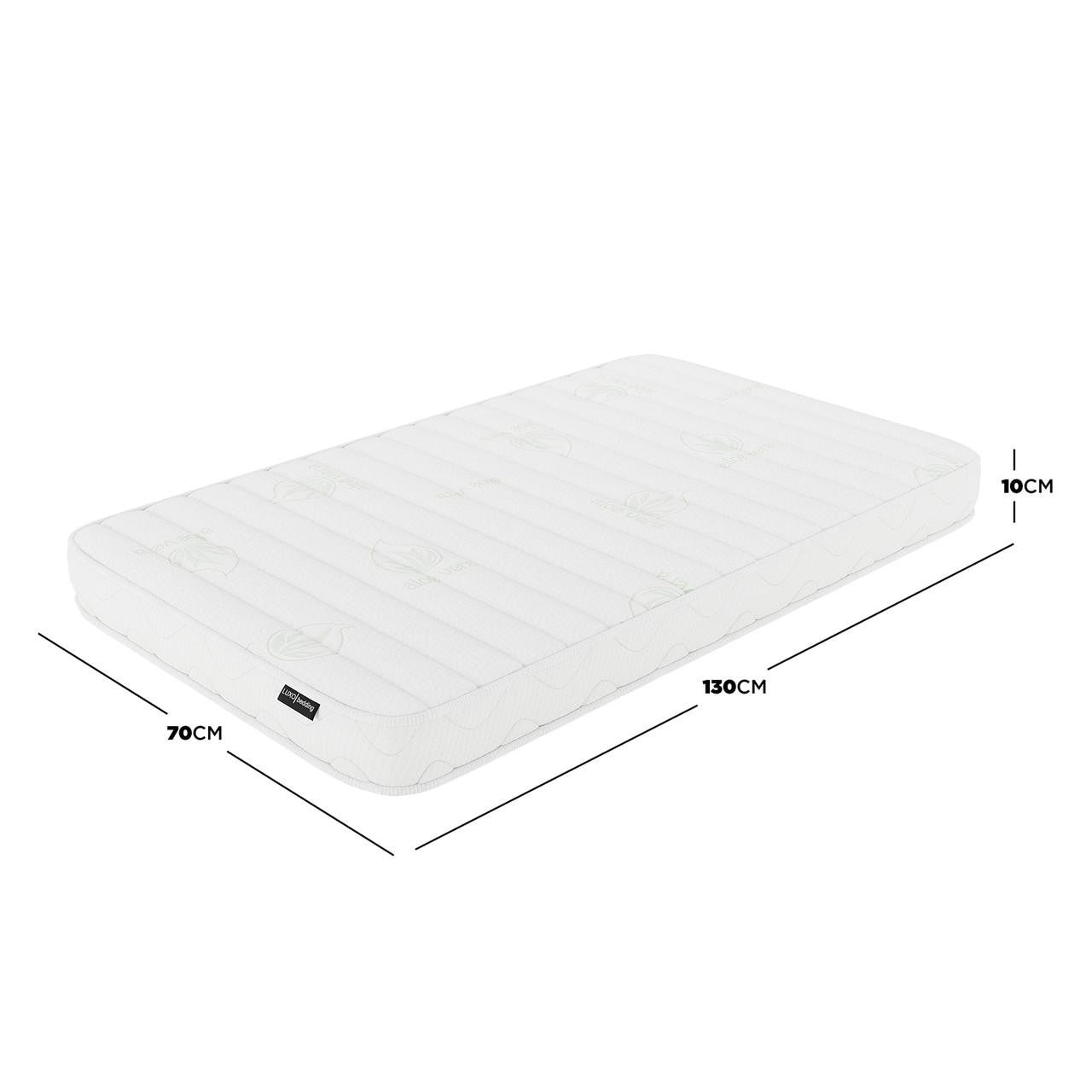 Gettel 10cm High-Density Foam Knitted Nursery Cot Mattress, 130 x 70 x 10cm, featuring quilted Aloe Vera fabric, ideal for toddlers, shown with dimension highlights.