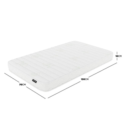 Gettel 10cm High-Density Foam Knitted Nursery Cot Mattress, 130 x 70 x 10cm, featuring quilted Aloe Vera fabric, ideal for toddlers, shown with dimension highlights.