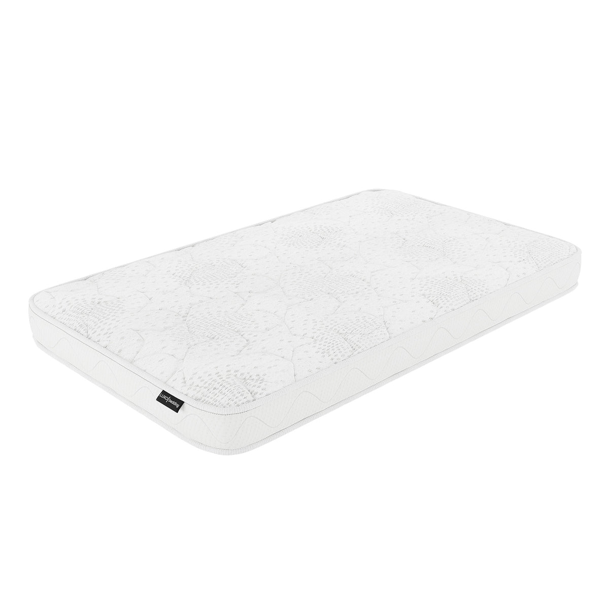 Azeem & Giro Baby Cot paired with Gydas 10cm Nursery Mattress, showcasing a quilt-patterned design, offering optimal support and breathability for a comfortable and secure sleep environment for babies.