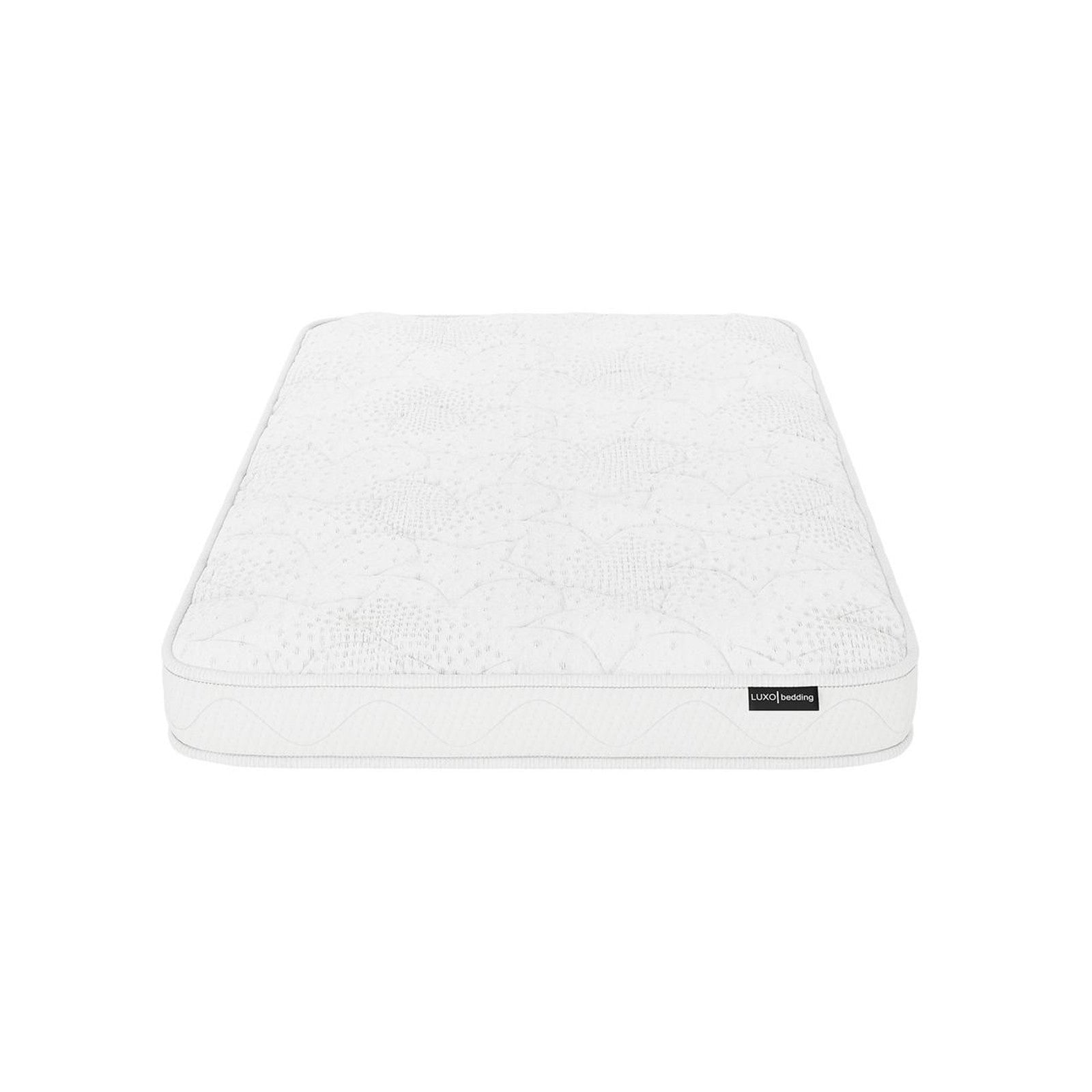 Gydas 10cm High-Density Foam Knitted Nursery Cot Mattress features a plain white, quilted top, and a Luxol Bedding label, showcasing its new, unmade state on a white background.