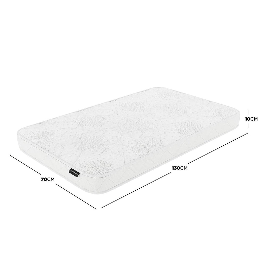 Gydas 10cm High-Density Foam Knitted Nursery Cot Mattress, 130 x 70 x 10cm, features a quilt-topped surface, medium-firm support, and star-patterned finish, designed for standard cot compatibility.