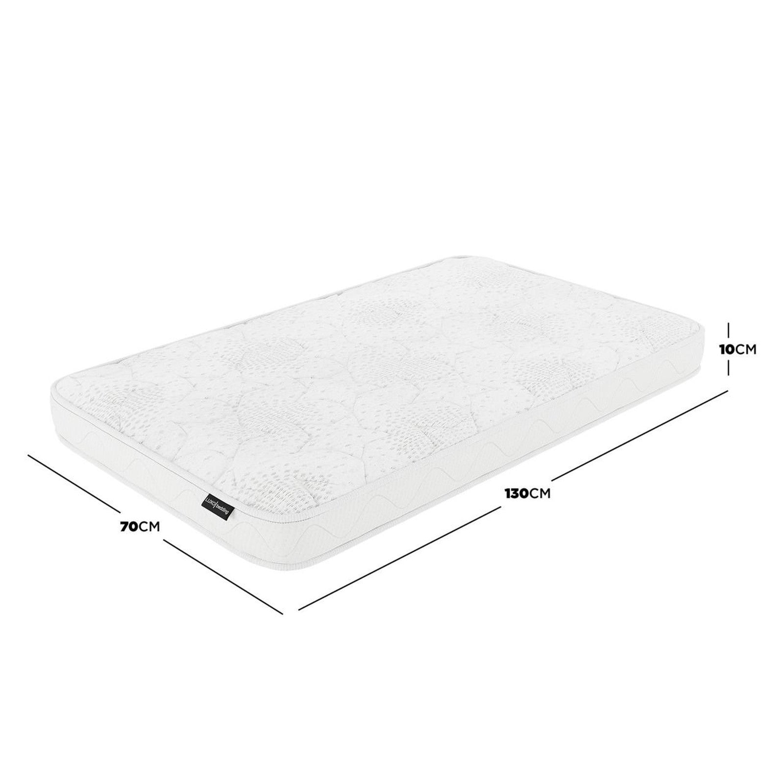 Gydas 10cm High-Density Foam Knitted Nursery Cot Mattress, 130 x 70 x 10cm, features a quilt-topped surface, medium-firm support, and star-patterned finish, designed for standard cot compatibility.
