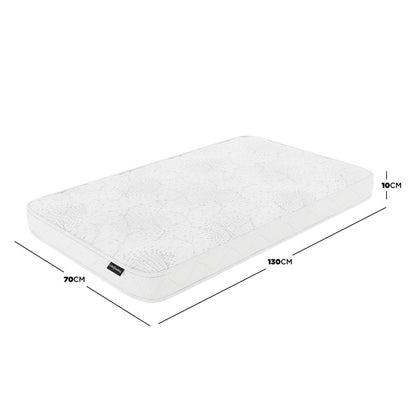 Gydas 10cm High-Density Foam Knitted Nursery Cot Mattress, 130 x 70 x 10cm, features a quilt-topped surface, medium-firm support, and star-patterned finish, designed for standard cot compatibility.