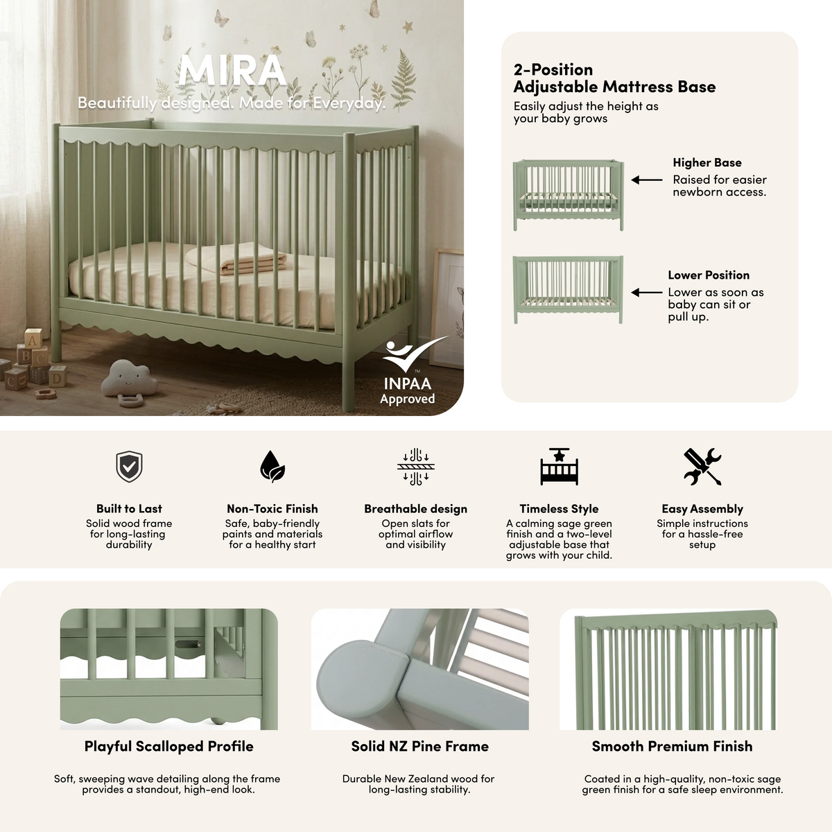 Mira Natural Pine Wood Adjustable Baby Cot in Sage Green styled in a room setting