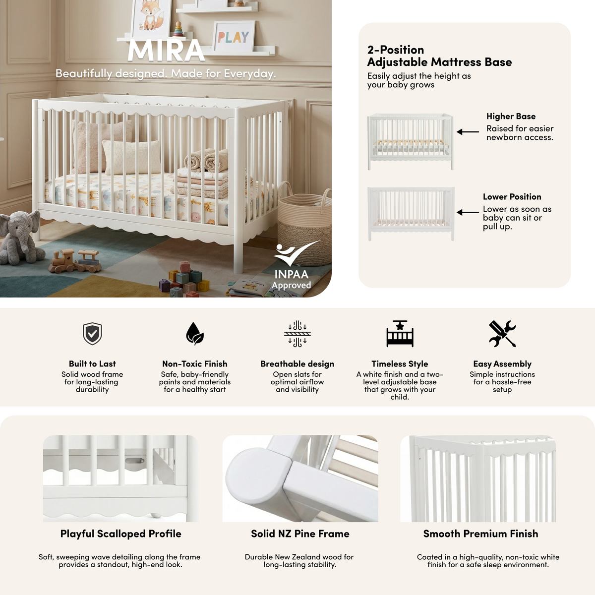 Mira Natural Pine Wood Adjustable Baby Cot in White styled in a room setting