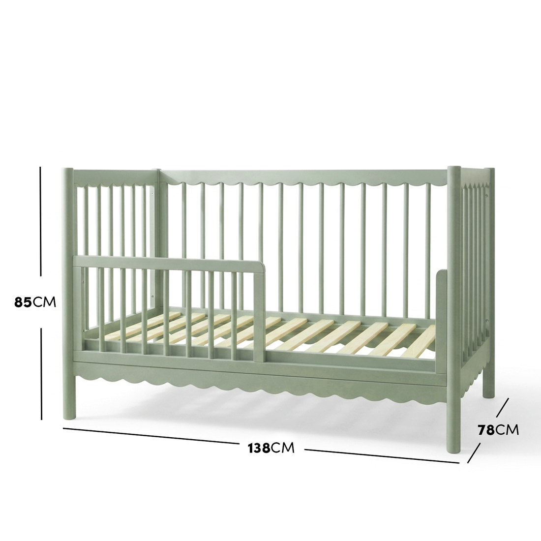 Mira and Melai Solid Pine Baby Cot with Rail Set in Sage Green