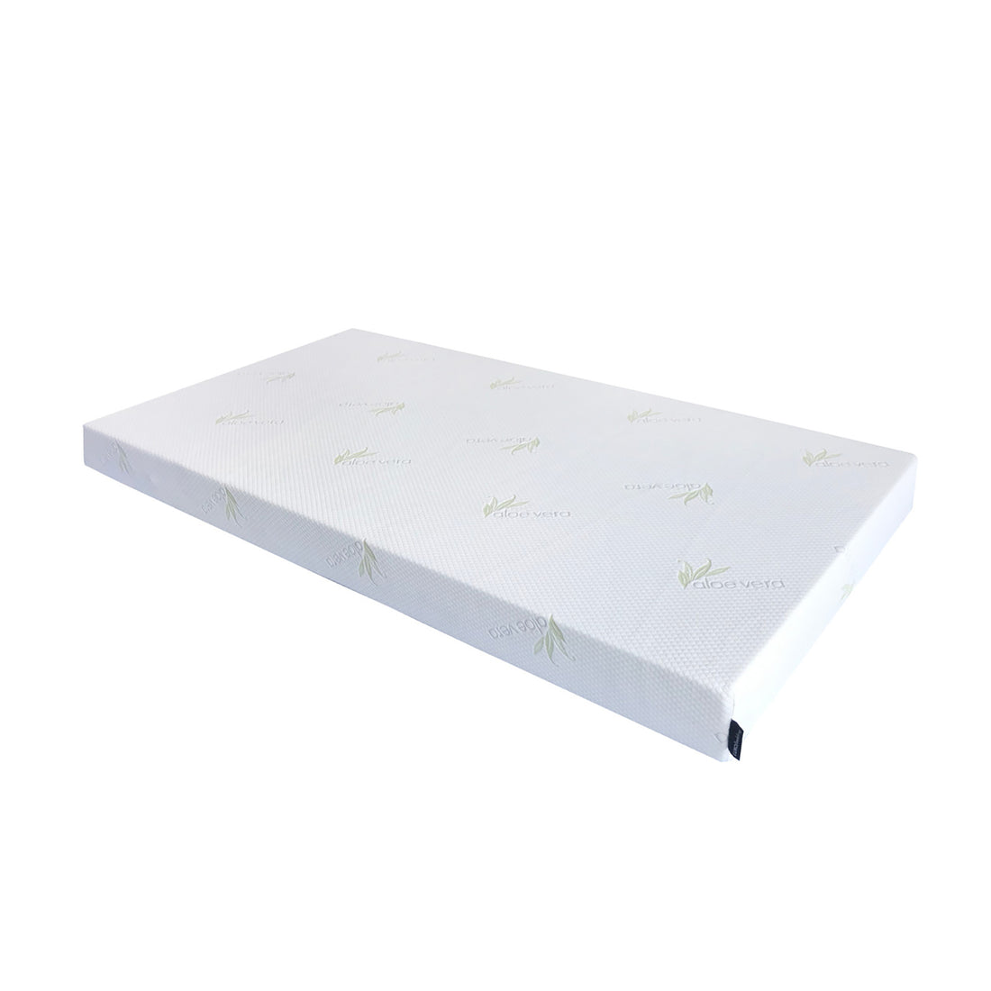 Luxo Junior 15cm Medium Firm Kids and Bunk Bed Mattress White features a white surface with subtle green leaf patterns, showcasing a close-up of the distinct logo, emphasizing its design and quality.