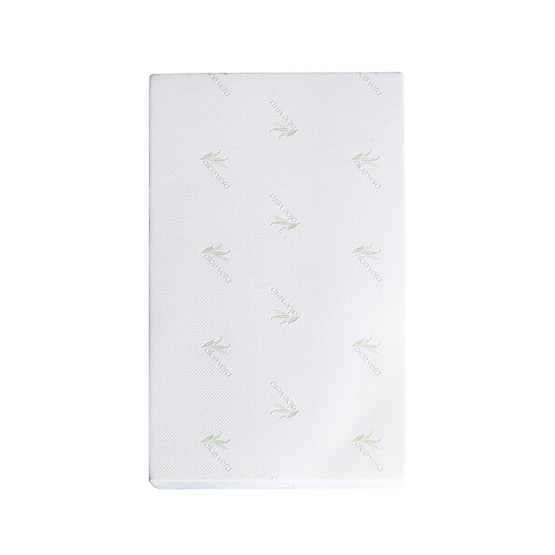 Close-up of the Luxo Junior 15cm Medium Firm Kids and Bunk Bed Mattress, featuring green patterns on a white surface, highlighting its durable, breathable fabric and reinforced edges for enhanced support.