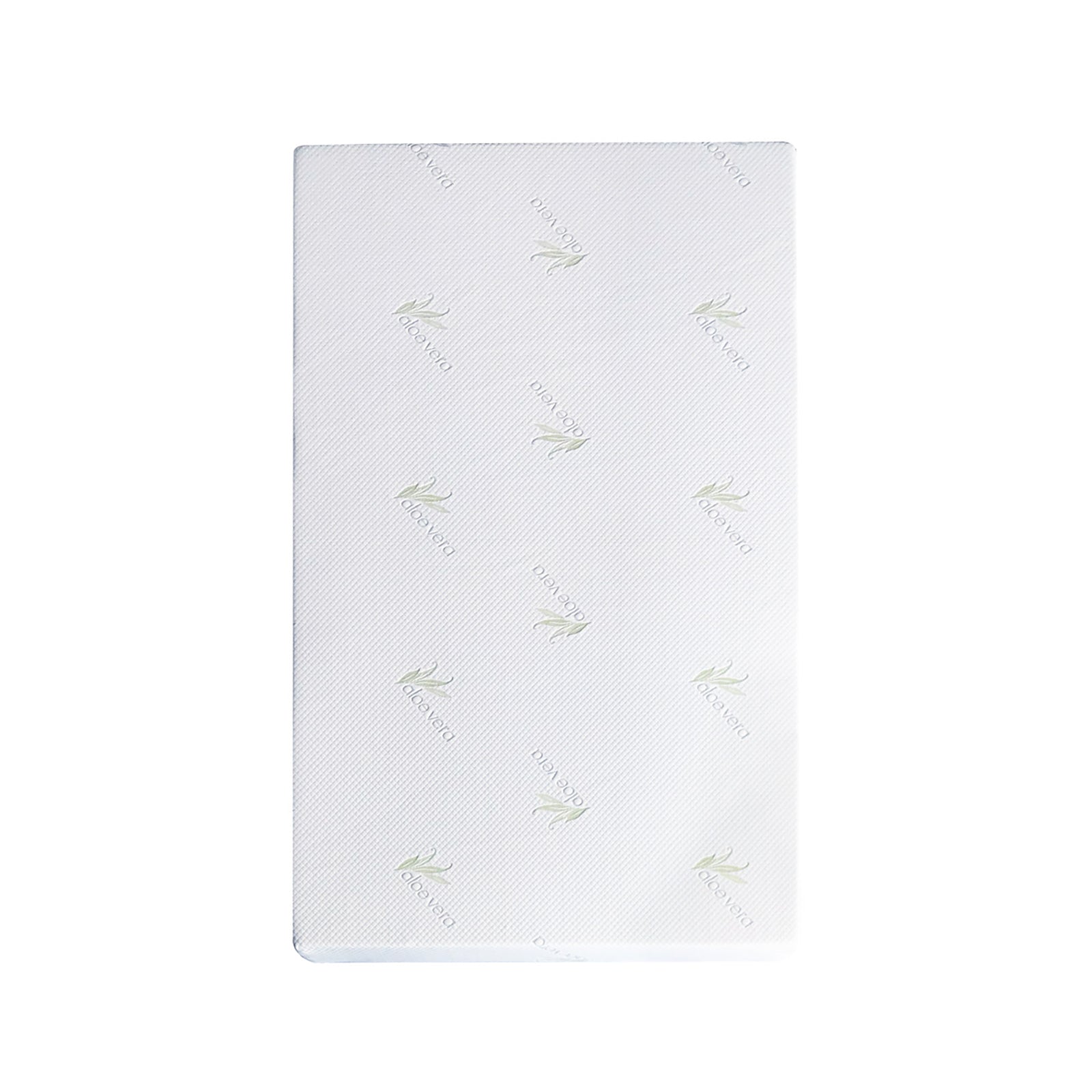 Close-up of the Luxo Junior 15cm Medium Firm Kids and Bunk Bed Mattress, featuring green patterns on a white surface, highlighting its durable, breathable fabric and reinforced edges for enhanced support.