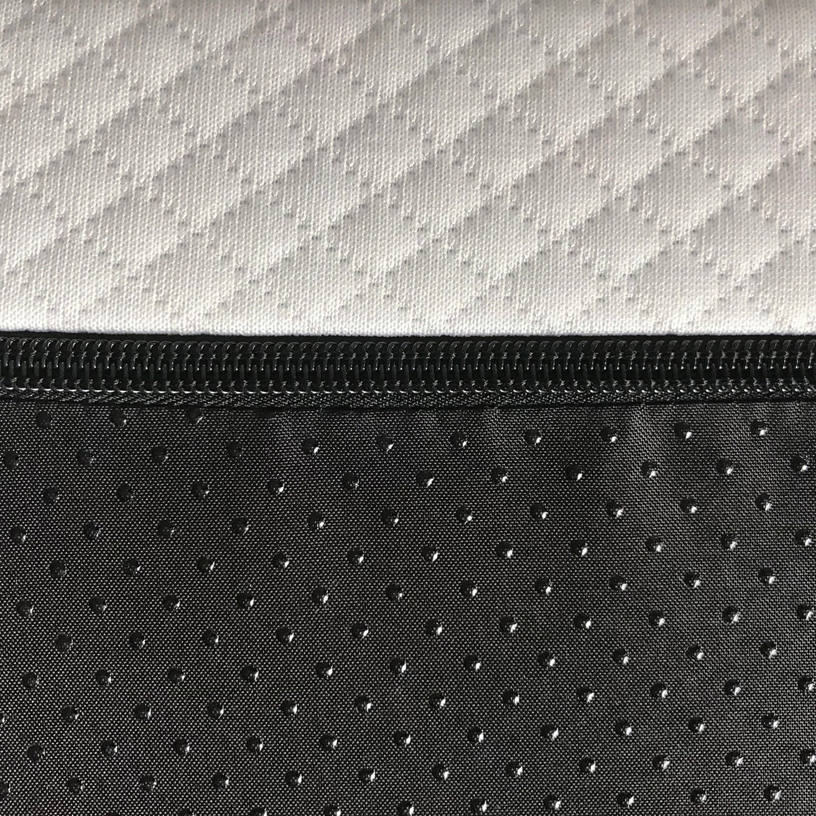 Luxo Junior 15cm Medium Firm Kids and Bunk Bed Mattress features a close-up of its durable, black and white abstract patterned fabric, showcasing its reinforced edges and breathable, machine-washable cover.