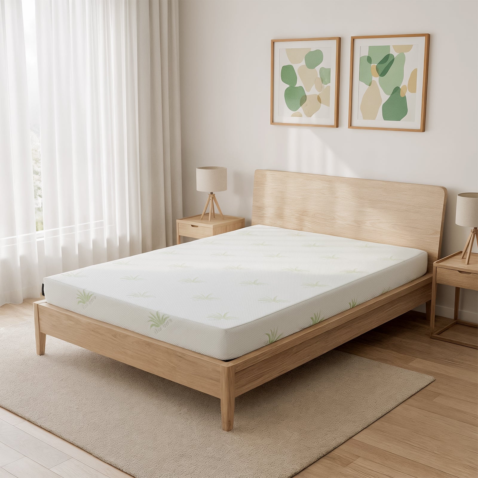Junior Single 15cm Foam Mattress in Medium Firm rests on a minimalist wooden platform bed, featuring a subtle leaf-patterned cover. The setup includes matching nightstands, abstract wall art, and sheer curtains.