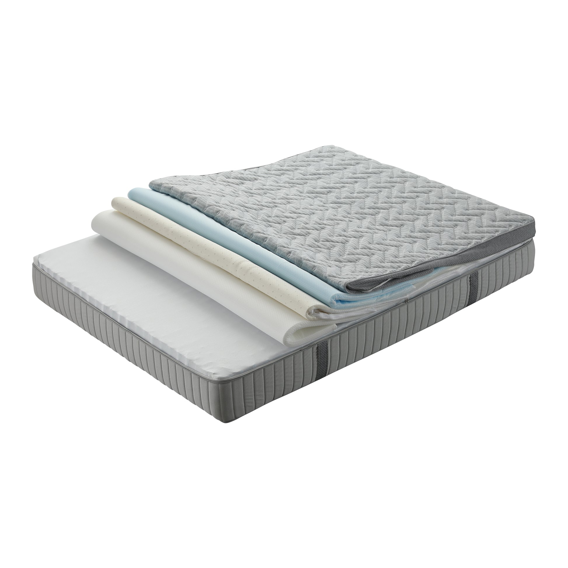 A cross-section view of a mattress showcasing its layered construction, featuring a textured grey top cover followed by multiple layers of foam padding.