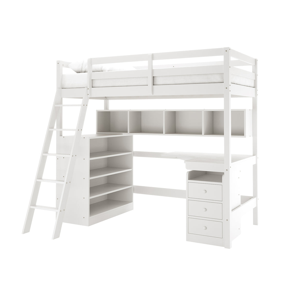 Momo Loft Pine Bed with Thermis Mattress - White features a raised bed with guardrails, a ladder, an L-shaped workspace below with cubby shelves, horizontal shelves, and three drawers for storage.