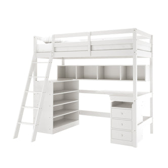 Momo Loft Pine Bed with Thermis Mattress - White features a raised bed with guardrails, a ladder, an L-shaped workspace below with cubby shelves, horizontal shelves, and three drawers for storage.