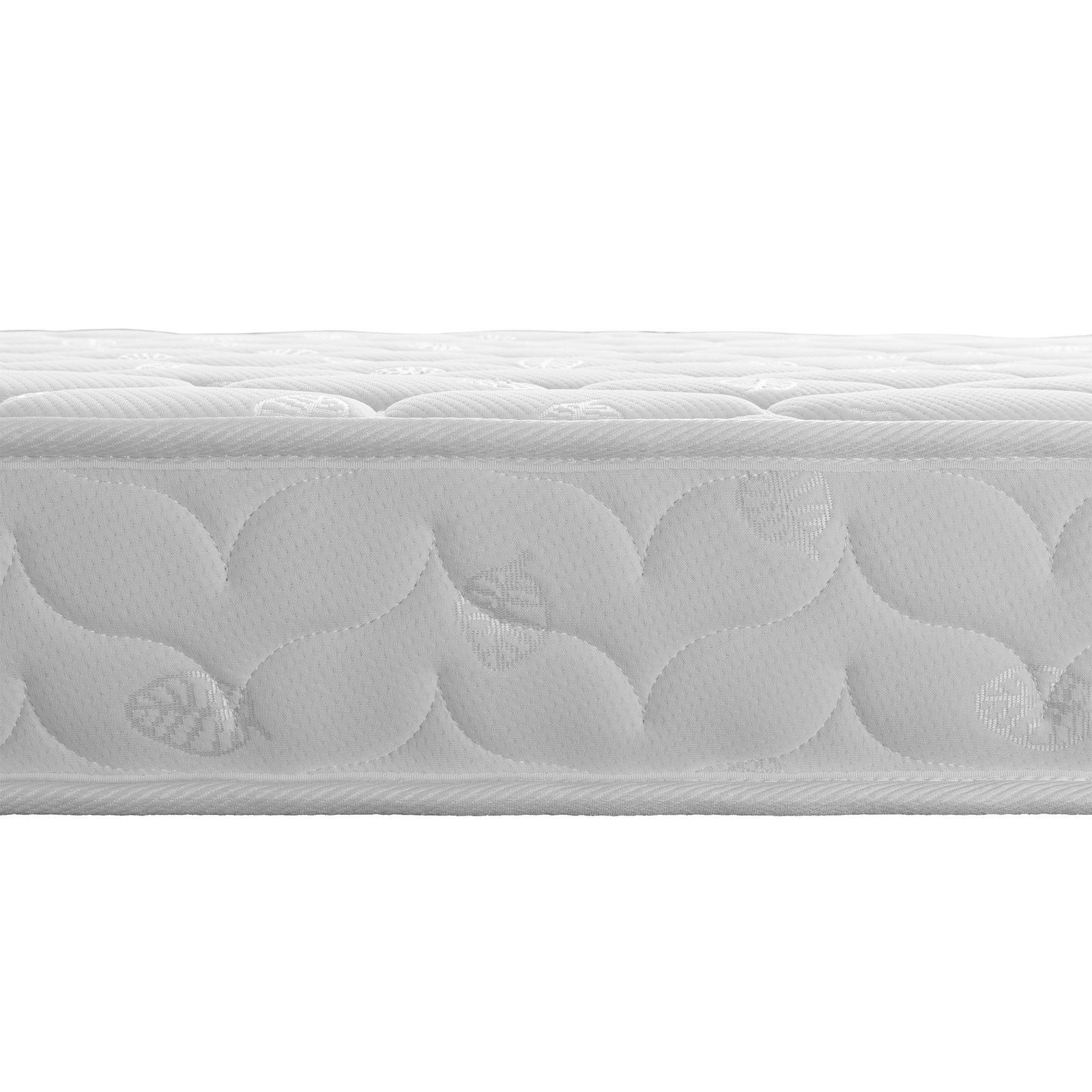 Close-up of the quilted damask-patterned Thermis Mattress atop the Momo Solid Pine Loft Bed, featuring a visible “Luxo Bedding” tag. The black foundation supports the mattress elegantly.