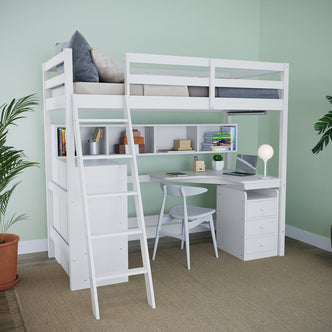 Momo Solid Pine Loft Bed with Thermis Mattress features a white loft bed, guardrails, ladder, L-shaped desk with lamp, laptop, shelf with books, and a gray chair underneath.