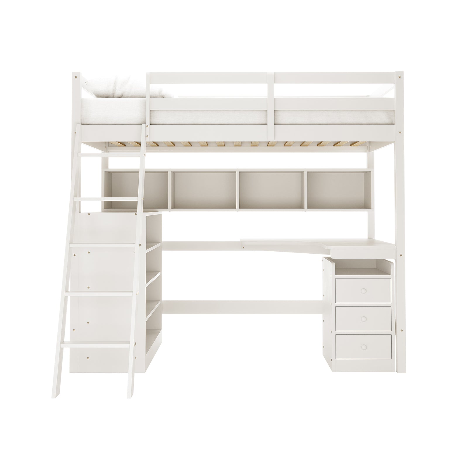 Momo Loft Pine Bed with Thermis Mattress - White: Features a raised bed with safety rail, integrated desk, storage shelves, and ladder, offering a stylish, functional space-saving solution for kids' rooms.