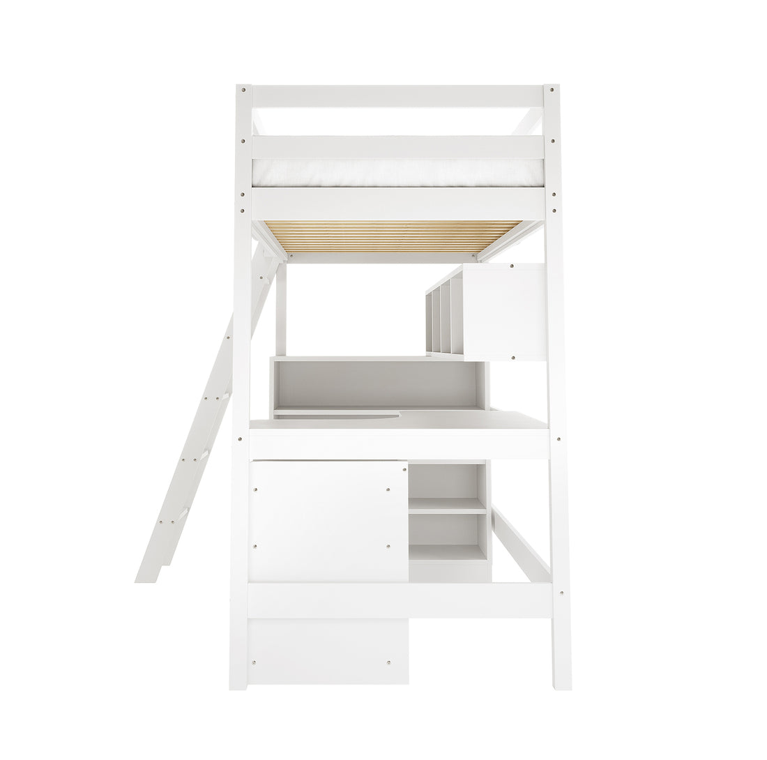 Momo Solid Pine Loft Bed with Thermis Mattress features a white wooden frame, upper sleeping area, ladder, and lower integrated workspace with shelves and storage.
