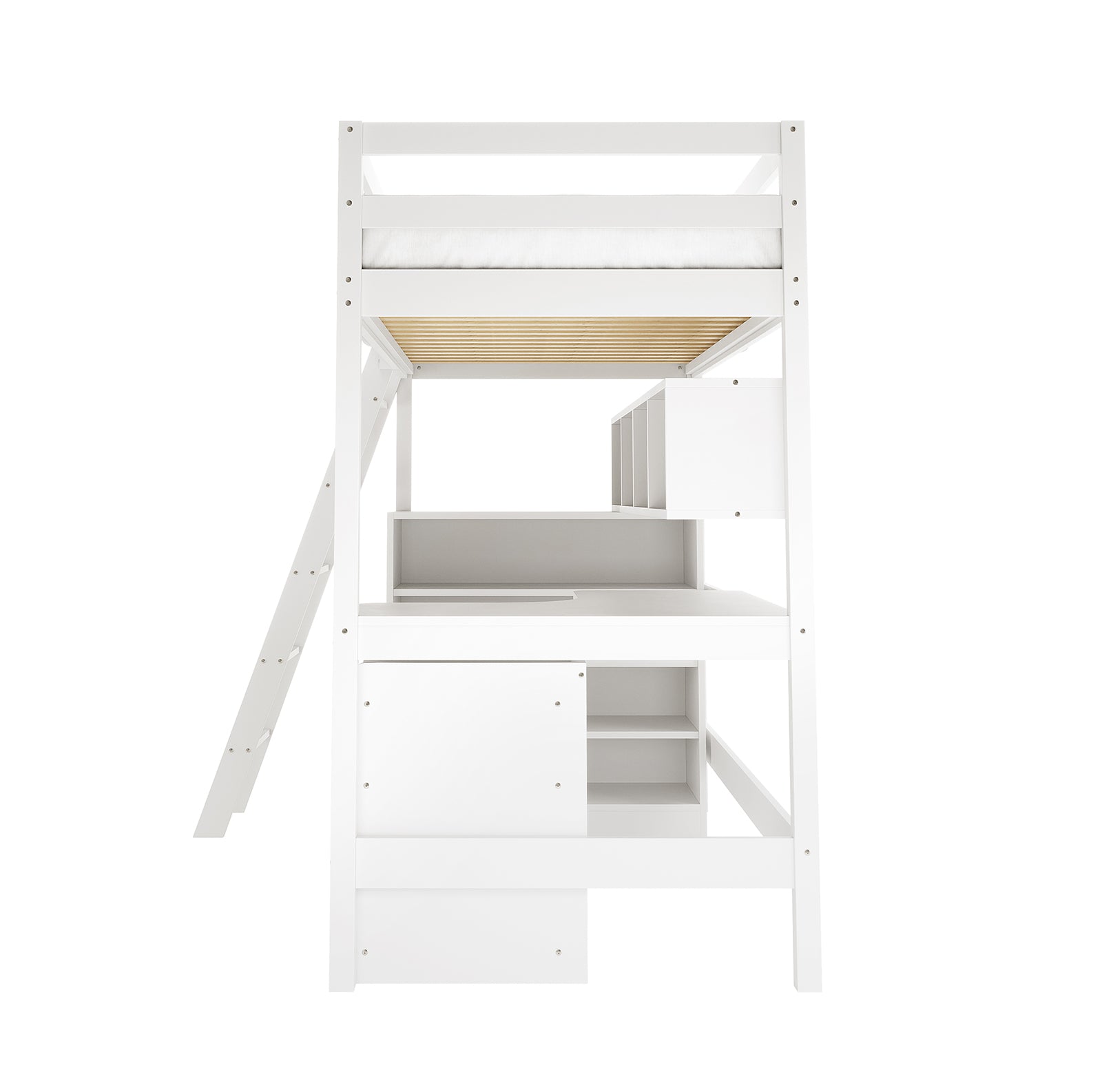 Momo Solid Pine Loft Bed with Thermis Mattress features a white wooden frame, upper sleeping area, ladder, and lower integrated workspace with shelves and storage.