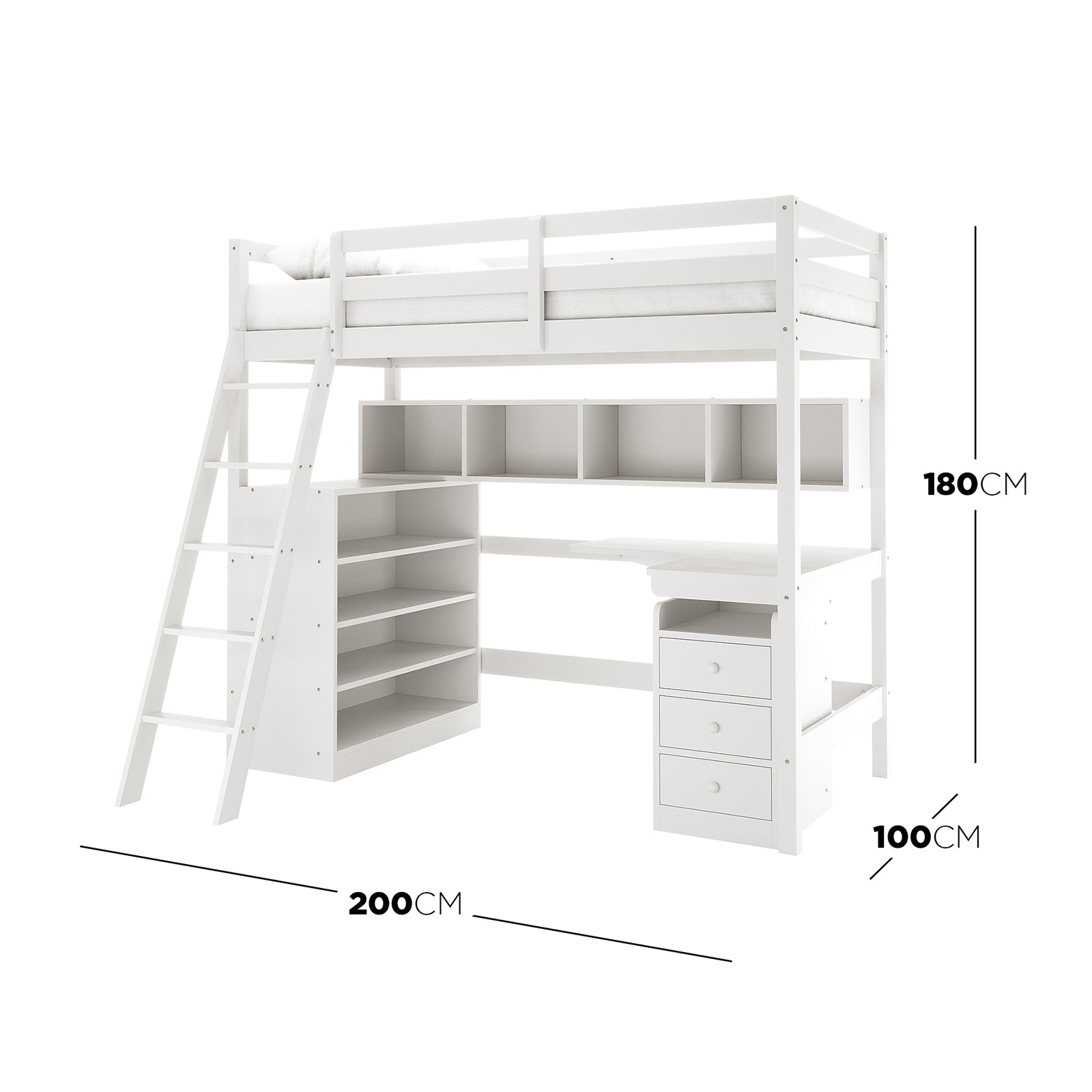Momo Solid Pine Loft Bed with Thermis Mattress features a white wooden loft-style design with a raised bed, angled ladder, under-bed desk, cubby shelves, drawers, and a bookcase.
