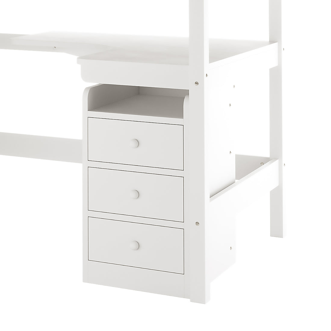 Momo Solid Pine Loft Bed with Thermis Mattress - White, showcasing a loft-style bed/desk unit with an integrated three-drawer cabinet, curved desktop, and open cubby beneath the desk surface.