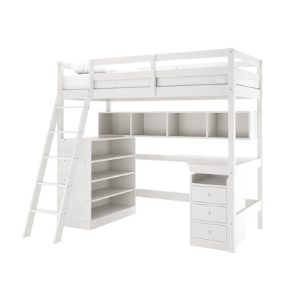 Momo Solid Pine Wood Loft Bed with Desk & Storage in White features a twin bed with safety rails, slanted ladder, open shelves, corner desk with cubby storage, and a three-drawer cabinet below.