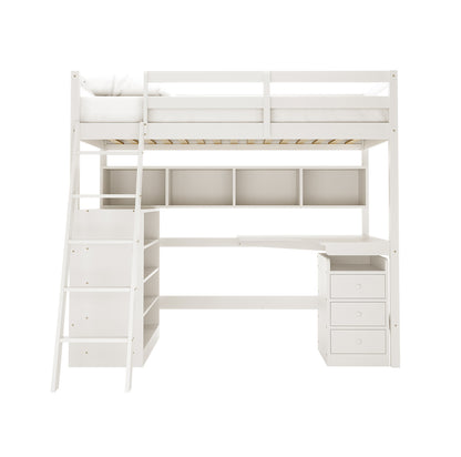 Momo Solid Pine Wood Loft Bed with Desk & Storage in White, featuring a raised bed with guardrails, ladder, L-shaped desk, three drawers, and open shelves for efficient space use.