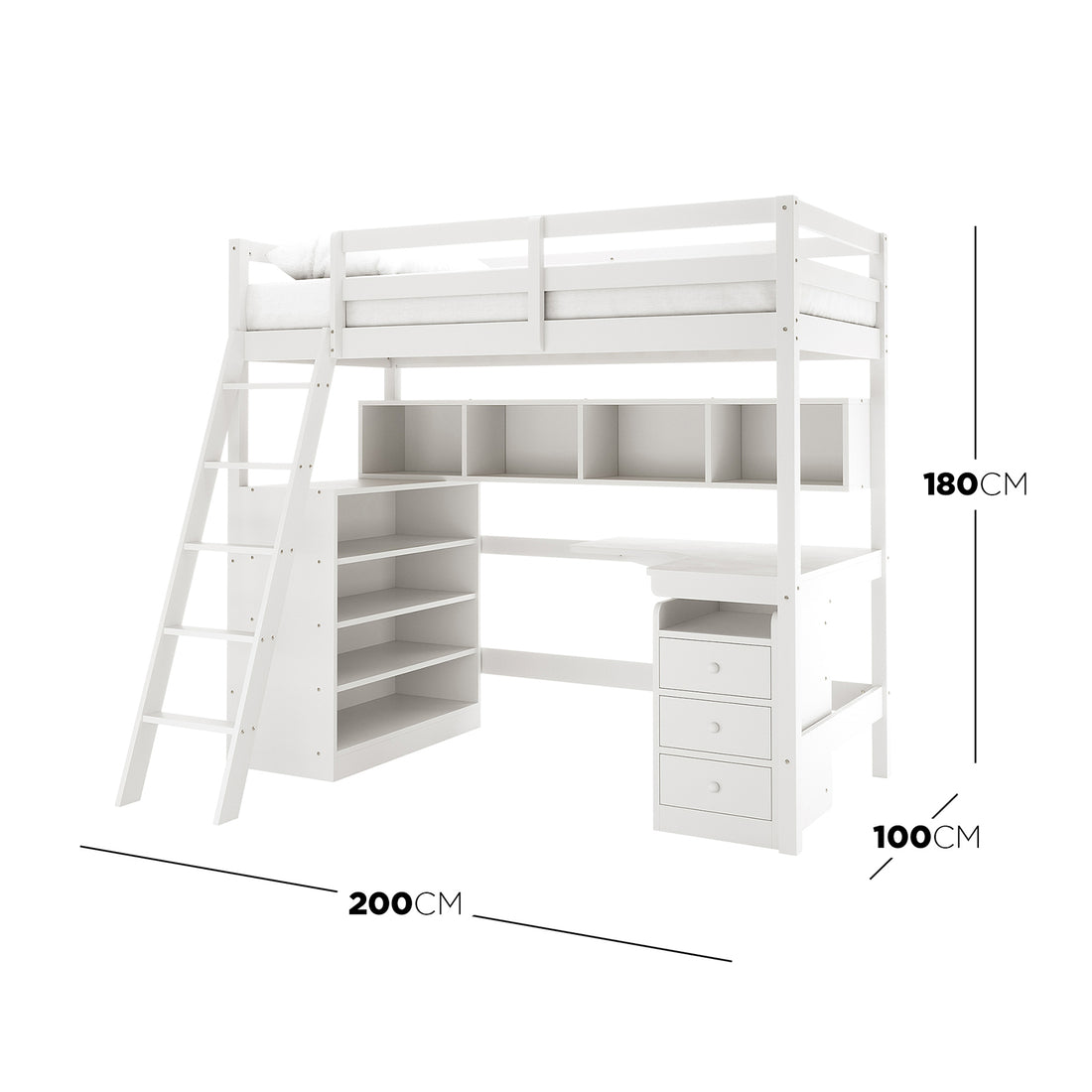 Momo Solid Pine Wood Loft Bed with Desk & Storage in White features an upper bunk with side rails, a slanted ladder, under-bed shelving, a built-in desk, and three drawers.