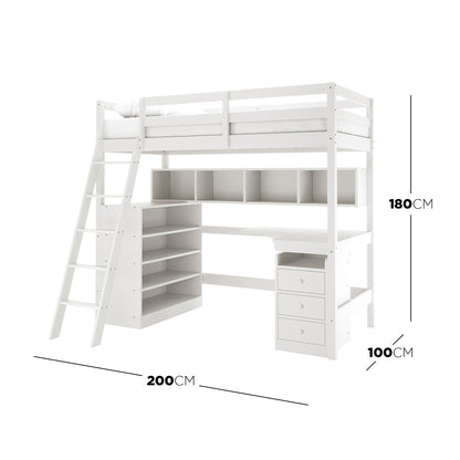 Momo Solid Pine Wood Loft Bed with Desk & Storage in White features an upper bunk with side rails, a slanted ladder, under-bed shelving, a built-in desk, and three drawers.